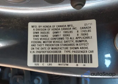 2012 Honda Civic Lx z USA, uszkodzony, nr VIN 2HGFB2F50CH308208